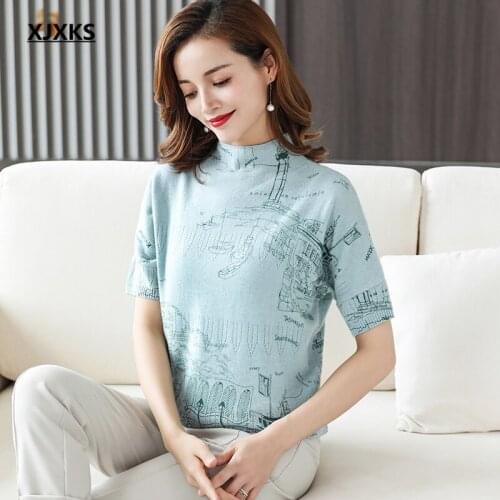 XJXKS 2021 autumn new women high neck short-sleeved sweater comfortable 100% wool knitted sweater women printed pullover