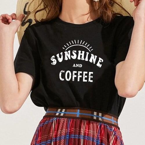Sunshine and Coffee Letter Print T Shirt Women Short Sleeve O-neck Loose Summer Tee Femme T Shirt for Women Tops Beach Vacation