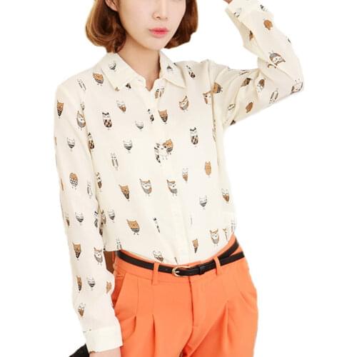 Freeshipping New Women Shirt Female Trendy Collar Owl Print Long Sleeve Chiffon Blouse Tops Blusa Feminina 4 Sizes SV11