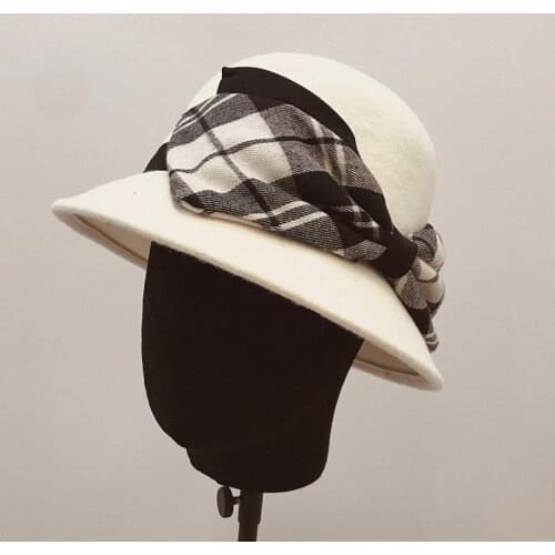 Women White Black Warm Winter Hat with Bow Accent Ladies Wool Blend Cloche Dress Party Church Wedding Hat Bowler Hat Crushable