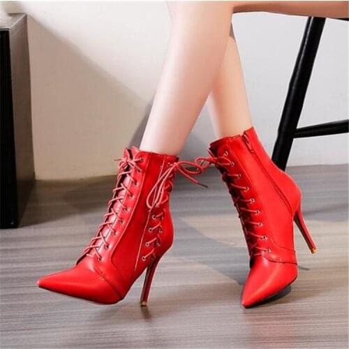 PXELENA 2018 Sexy Stiletto High Heels Boots Ladies Shoes European Lace Up Pointed Toe Office Party Date Ankle Boots Women 34-43