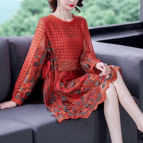 2021 Spring Fall Women Embroidery Full Sleeve Hollow Out Orange Dress , 4xl 5xl Casual Mid-calf Length Dresses for Woman
