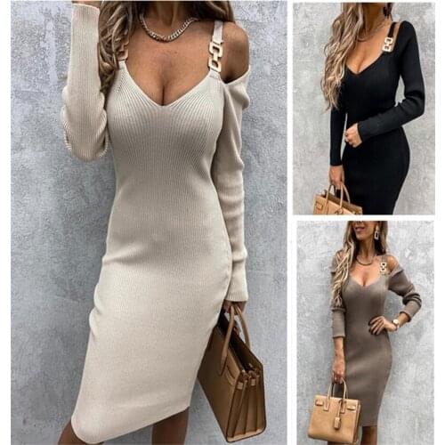 Thorn Tree Women Off Shoulder Straps Bodycon Dress Office Lady Long Sleeve Midi Rib Knitted Solid Color Autumn Spring Dress 2021