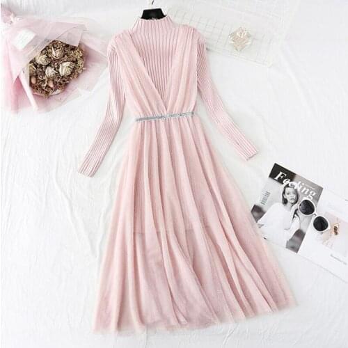 High Quality Pink Knitted Dress Women 2020 Autumn Winter Elegant Long Sleeve Sweater + Suspenders Long Mesh Dress Two Piece Sui
