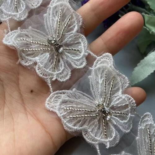 10x White Lace Trim Fabric Ribbon Double Butterfly Rhinestones Embroidered Handmade Sewing Craft For Hat Shoes Decoration 4.7 CM