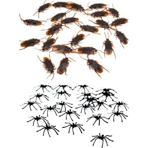 12 Pcs Halloween Simulated Plastic Cockroaches Deceptive Props Toy Trick Decor & 50Pcs Small Black Plastic Fake Spider Toys Hall