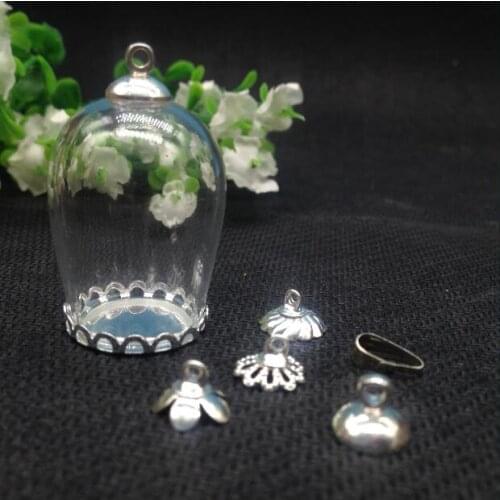 20sets 30x18mm Cloche oval shaped arch wishing bottle jar silver lace edge tray Christmas vial pendant necklace glass globes
