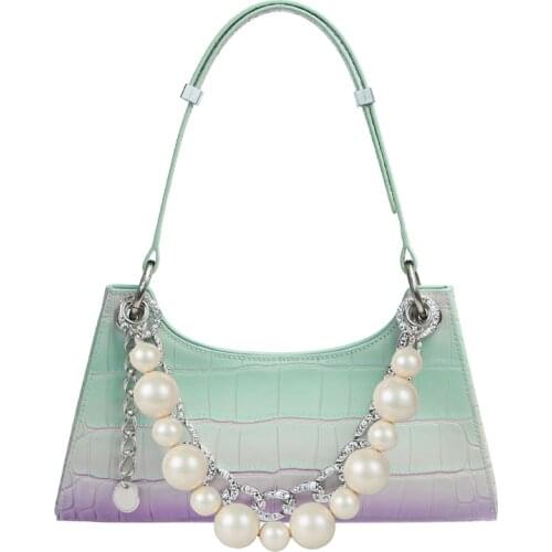 2021 New Arrivals Rainbow Women Shoulder Bags Fashion Croc Froggy Gradient Handbag Pearl Chain Diamond Metal Chain Female Bag