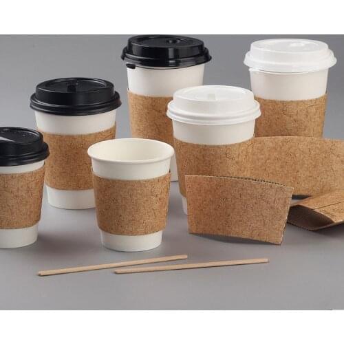 50pcs High quality white disposable coffee cups cold hot drink tea takeaway packaging paper cup with lid and kraft paper sleeve