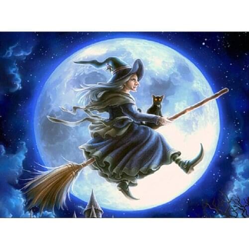 5D Diy Diamond Painting Cross Stitch witch fly Diamond embroidery pattern Crystal Round painting Rhinestone Mosaic Picture
