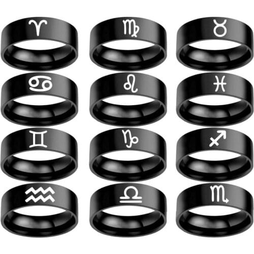 AsJerlya 12 Constellations Zodiac Sign Finger Rings Women Girls Black Color Stainless Steel Ring Anel Anillos Jewelry Size 6-13