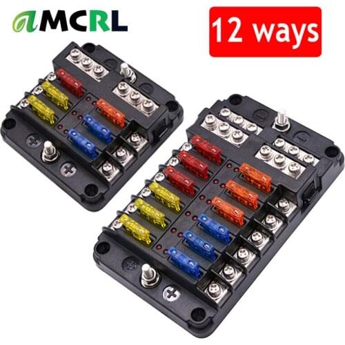 12-32V Car Fuse Box Holder M5 Stud With LED Indicator Light 6/12 Ways Blade Fuse Box Cover for Auto Car Boat Marine Trike