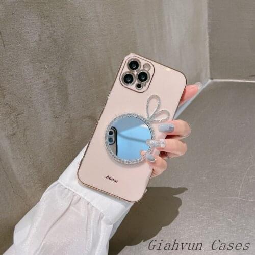 Bling Diamond Sweet Rabbit Metal Makeup Mirror For iphone 12 Pro Max 7 8 Plus X XR XS Max 11Pro Mini SE Plating Phone Case Cover