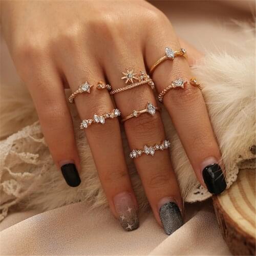 Boho Vintage Star Moon Rings Set 2021 Women Fashion Knuckle Finger Gold Crystal Rings Female Punk Jewelry Gifts