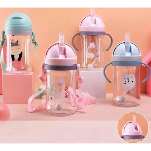 350ML Cartoon Baby Drinking Water Bottle With Straw Gravity Ball Portable Shoulder Strap Leak Proof Kids Learn Feeding Cup
