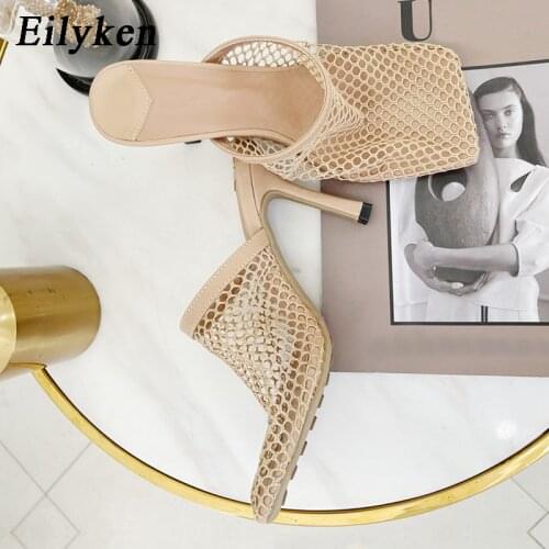 Eilyken Hollow Breathable Mesh Woman Mules Slippers Summer Black High Heels Fashion Square Toe Sexy Ladies Pumps Sandals Shoes
