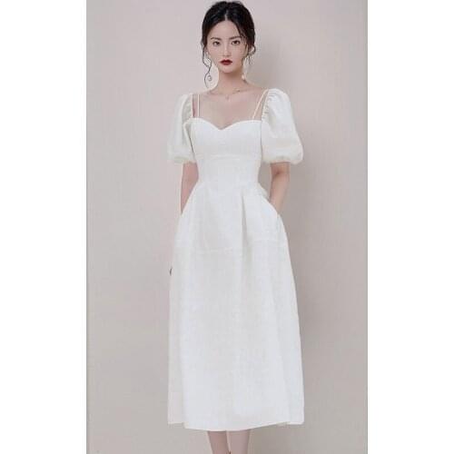 Elegant White Puff Sleeves Party Dress Women Square Collar Slim Princess Long Midi Dress Plus Size High Waist Runway Dress A865