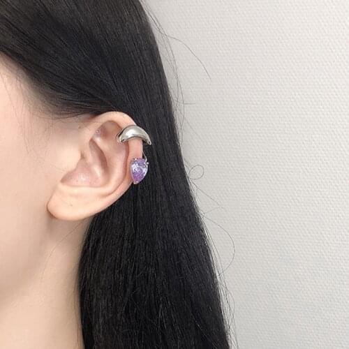 Goth Bending Hook Heart Earcuff Clip on Earrings for Women Girl Korean Fashion Purple Crystal Ear Cuff Fake Piercing Jewelry