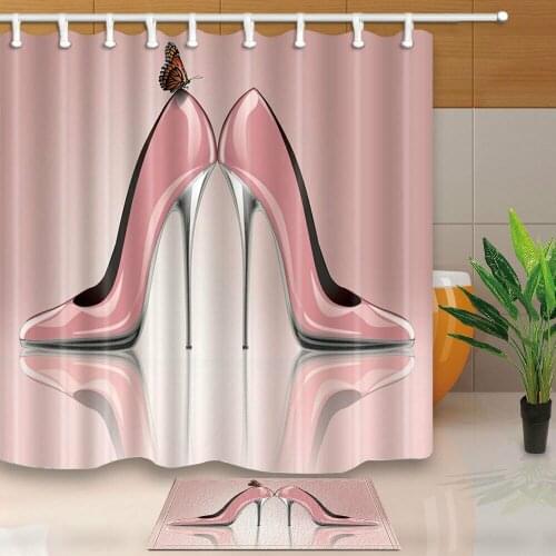 Pink high heels Bathroom set with shower curtain Polyester Fabric with 12 Hooks 180X180CM Decor Waterproof