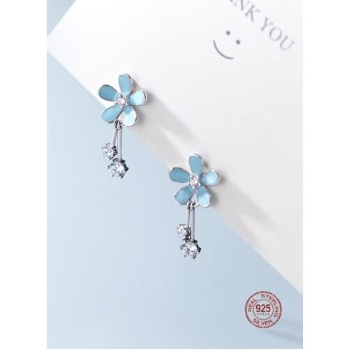 LKO 925 Sterling Silver Blue Mini Five Petal Flower Stud Earrings For Women Party Elegant Fine Jewelry Accessories Gifts