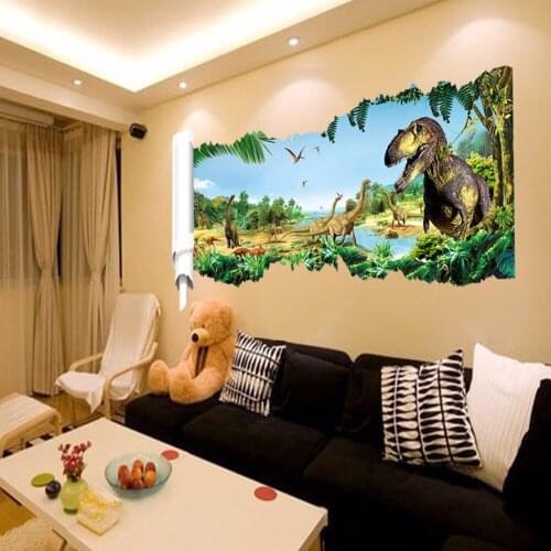 90*50cm Animal Wall Stickers For Kids Rooms 3d Dinosaur Broken Pvc Home Background Decals Decorative Living Natural Art Poster
