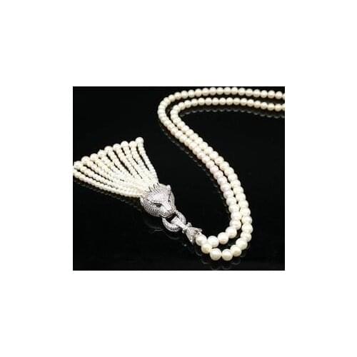 Natural color fresh water pearl 8-9mm diy leopard head button sweater chain national wind necklace versatile long 925