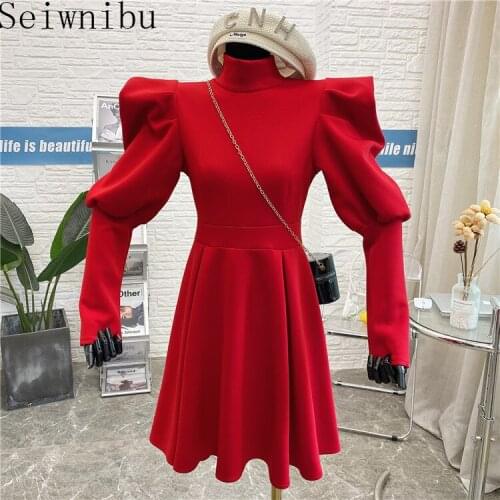 Seiwnibu Puff Sleeve Stand Collar Women Vintage Dress Back Zipper Slim High Waist French Style Retro Ladies Dress