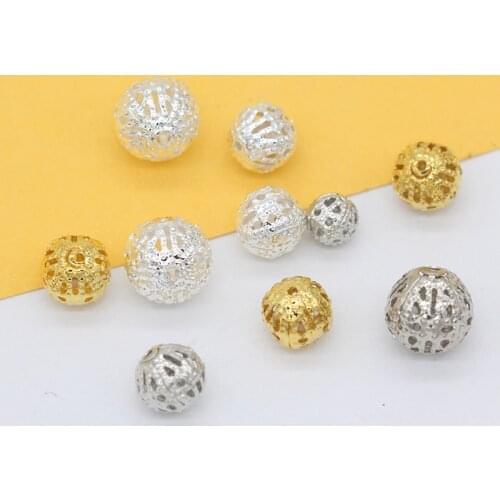 100p 6/8/10mm gold silver plated Filigree Hollow Round Beads For DIY Bracelets Necklace Jewelry Making Carved Metal Spacer Beads