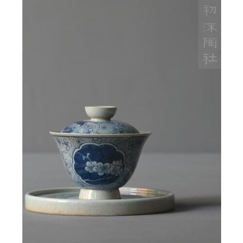 Spray at the beginning of the jingdezhen blue and white tureen manual clay glaze under three kung fu tea bowl to bowl
