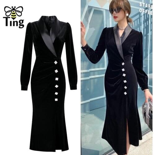 Tingfly Vintage Elegant Notched Collar Button Decor Casual Black Velvet Dress Retro Party Dinner Split Midi Long Dress Vestidos