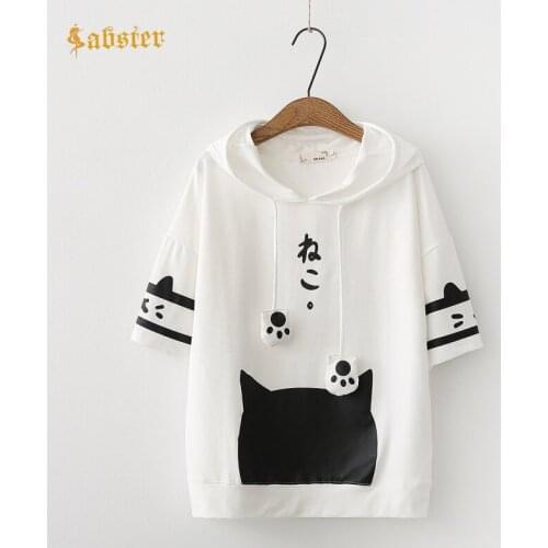 2018 Cute Animal Print Sleeve Hoodie Women Black White Short Sleeve Sporting Pullovers Sweatshirt Casual Sweatshirt XZ286