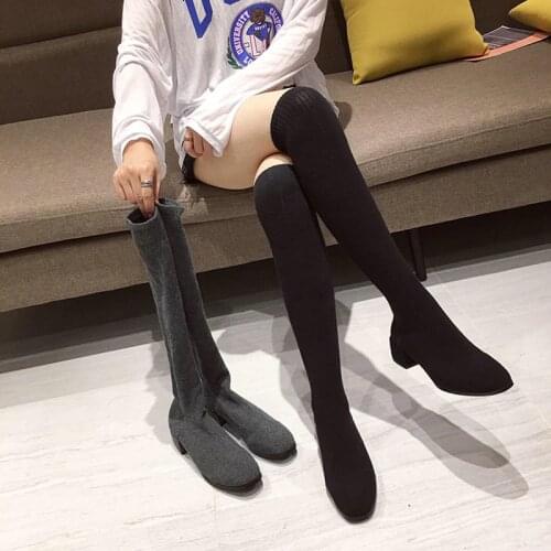 Women Over The Knee Sock Boots Round Toe Block Mid Heeled Slip On Sock Boots Elastic Knitting Knee Boots Ladies Autumn Boots
