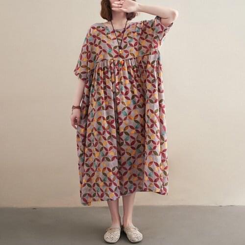 Johnature Print Vintage Loose 2021 New Summer Dresses Casual O-Neck Half Sleeve Mori Girl Ankle-length Women Dresses