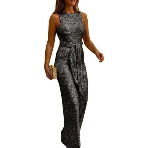 2021 Stylish Jumpsuit Skin-friendly Shoulder Strap Solid Color Sequin Lace-up Women Sleeveless Backless Romper for Daily Wear