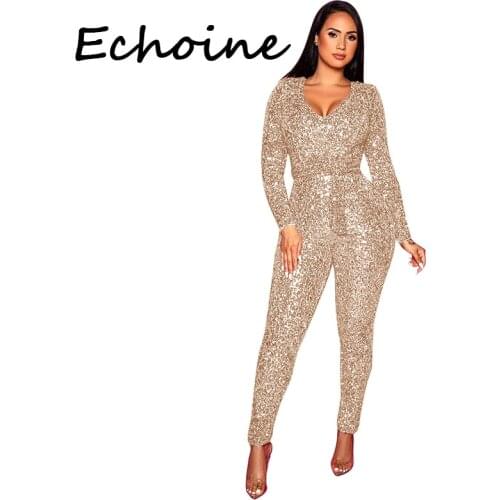 Sexy Sequins Jumpsuit Deep V-neck With Belt Bodysuit Long Rompers Womens Jumpsuit Women Party Night Clubwear Outfit