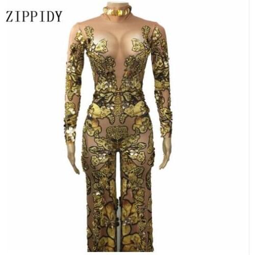 2019 Fashion Gold Rhinestones Sequins Rompers Female Singer Dancer Long Pants Costume One-piece Bodysuit Birthday Oufit