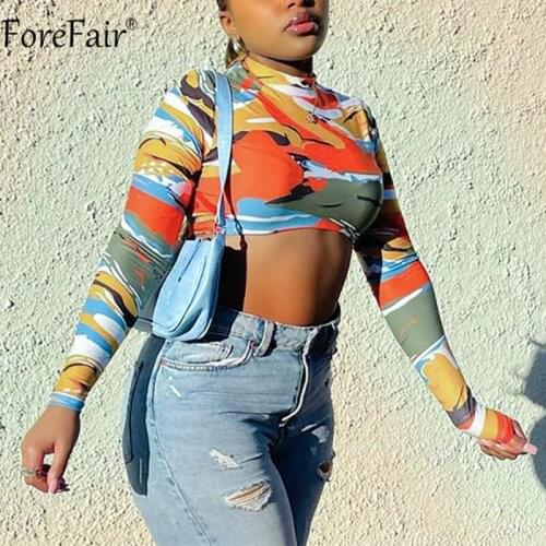 Forefair 2021 Print Long Sleeve Crop Top Women O Neck Sexy Tee Fashion Autumn Summer Y2k Casual T Shirts Vintage