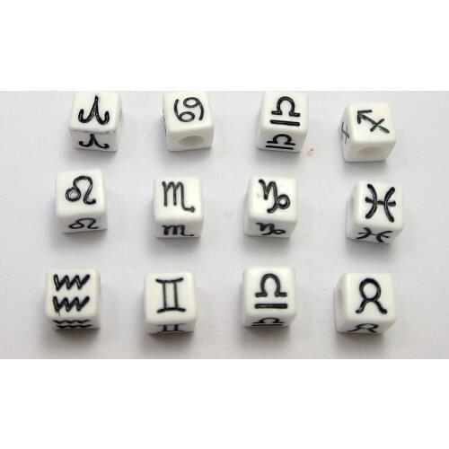 250 Assorted White 12 Horoscopes Acrylic Cube Pony Beads 7X7mm