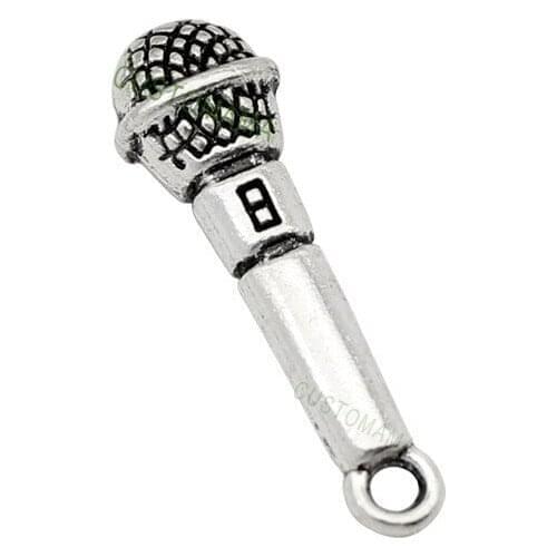 60pcs-Antique Silver Tone 3D Microphone Charms Pendant 25x7mm