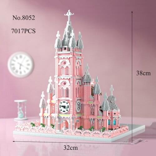 7017pcs Pink Church Jesus Sacred Heart Church 3D Building Model Bricks DIY Childrens Educational Toys Assembled Building Blocks