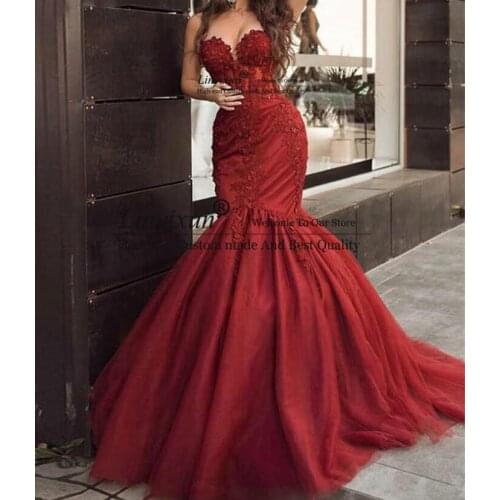 Elegant Lace Burgundy Mermaid Evening Dresses Long Seweetheart Neck Appliques Beaded Tulle Formal Prom Dresses Plus Size