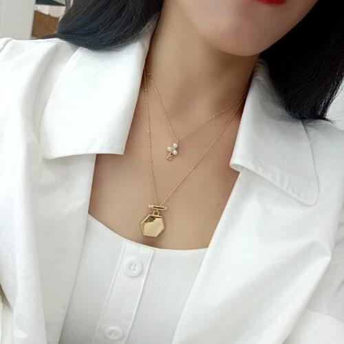 Minority design simple key geometry hexagon fashion temperament inlaid pearl multi-purpose double necklaces women