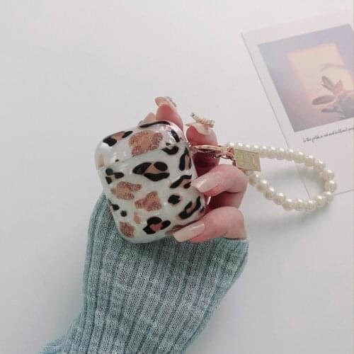 Glossy Leopard Pattern Silicone Earphone Case For AirPods Headset Cover For AirPods 2/1 Case With Cute Pearl Bracelet Anti-lost