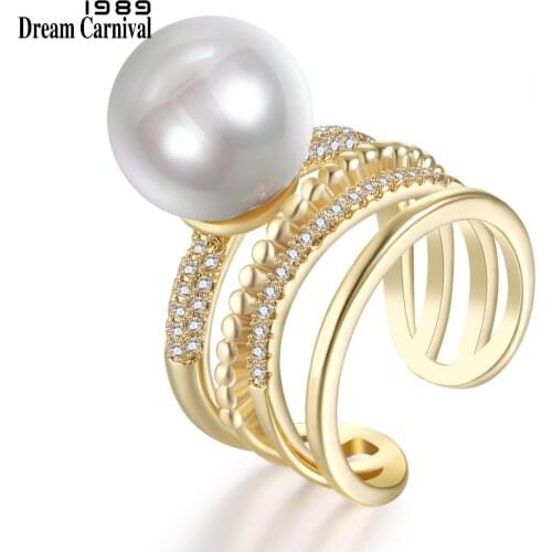DreamCarnival 1989 Amazing White Synthetic Pearl AAA Cubic Zirconia Open End Party Gold-color Rings Women Anillos Mujer WA11497