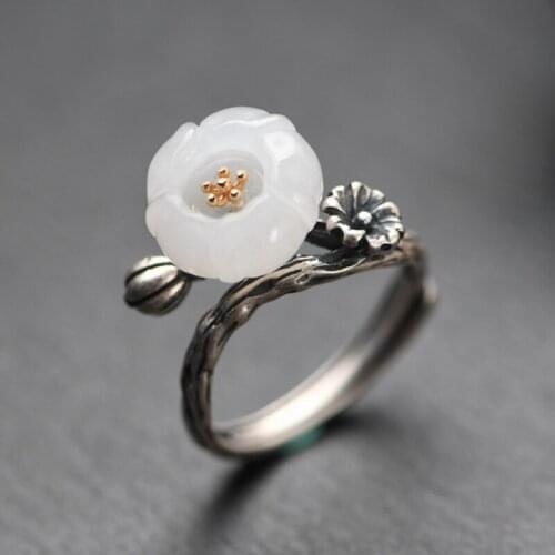 FNJ Natural Hetian Jade Flower Ring 925 Silver New Fashion Original S925 Sterling Silver Rings for Women Jewelry Adjustable size
