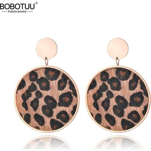BOBOTUU Creative Round Earrings Vintage Style Stainless Steel Jewelry Leopard Print Horse Hair Pasted Rose Gold Color BE18463
