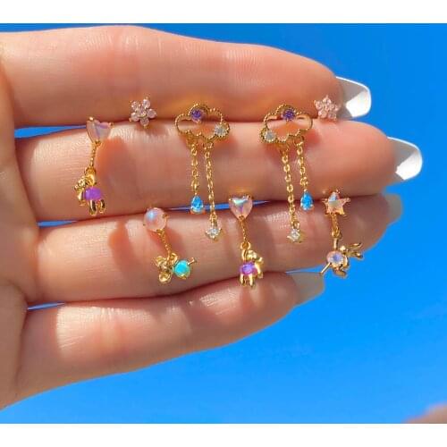 Summer Hot Selling 925 Sterling Silver Micro Pave Clear CZ Star Heart Lovely Animal Dangle Earring Gold Color For Girl Wholesale