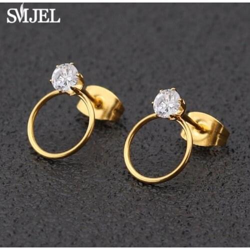 SMJEL Small Geometric Earrings Women Crystal Zircon Circle Stud Earring Girl Jewelry Accessories Wholesale Round Studs oorbellen
