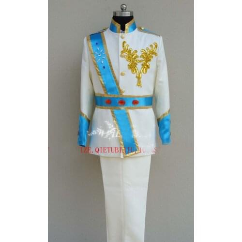 Mens beading blue/red ribbons white medieval suit vintage period costume jacket with pants prince william suit general cosplay