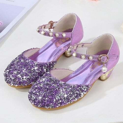 2019 New Girls Glitter Rhinestone High-heeled PU Leather Dancing Shoes, kids Performance shoes with pearls ,purple, pink, Silver
